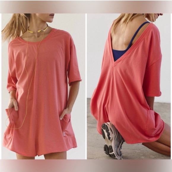 Free People FP Movement Hot Shot Tee Romper hibiscus tulip pink small New pocket - Picture 1 of 10